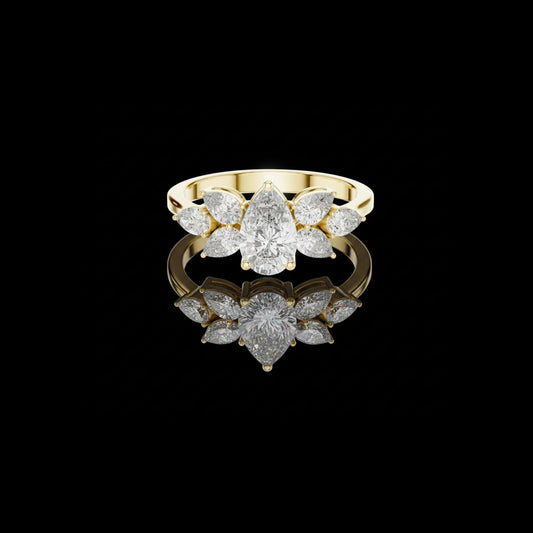 2.00 CT Heirloom Pear Cut Lab Diamond Ring with Petal Accents in High Polish Gold For Confident Girl