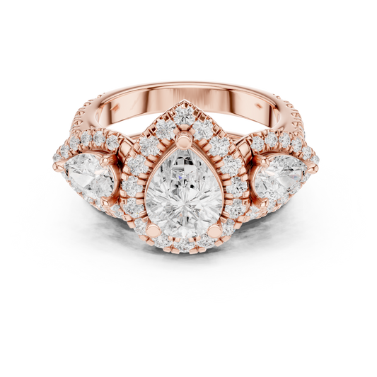1.50 CT Heirloom Pear Cut Moissanite Diamond Halo Ring with Triple Stone Design & Pave Accents