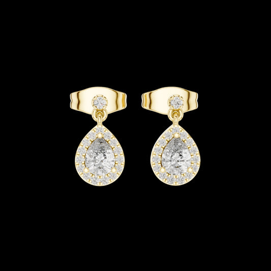 0.34 CT Moonlit Pear Shaped Moissanite Diamond Halo Drop Earrings in Polished Gold Finish For Fashion Girl