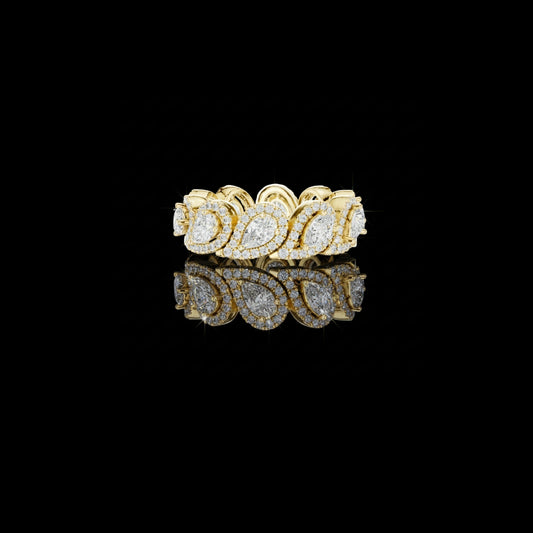 1.7 CT Flowing Sculpted Gold Links Moissanite Diamond Band Featuring Pear Shaped Halo Motifs For Love