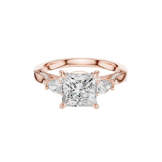 Princess Three Stone Moissanite Diamond Filigree Cathedral Ring