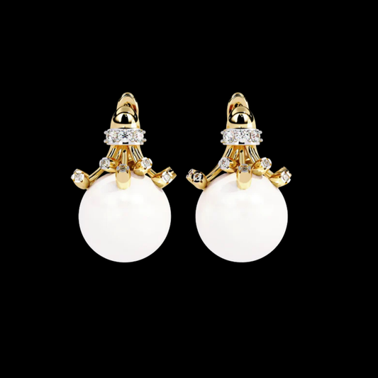 0.35 TCW Luxurious Golden Crown Pearl Drop Earrings with Sparkling Moissanite Round Diamond Accents