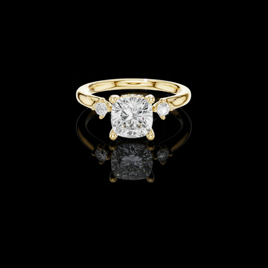 2.20 CT Shiny Cushion Cut Center Lab Grown Diamond Three Stone Ring with Round Brilliant Side Diamonds