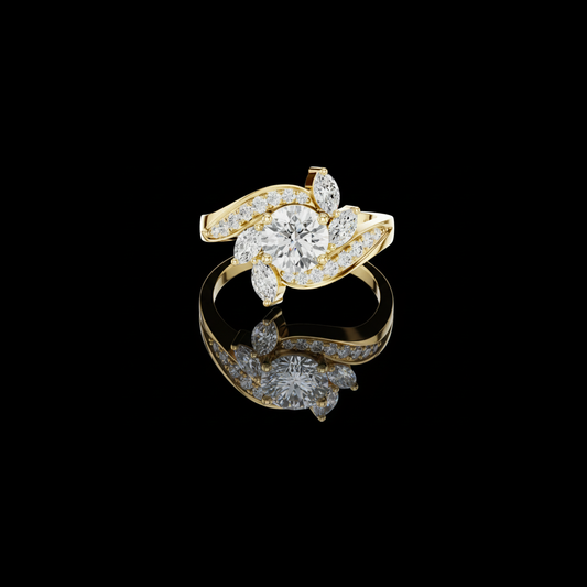 2.00 CT Designer Floral Inspired Round Moissanite Diamond Ring with Marquise Accents and Pave Split Shank