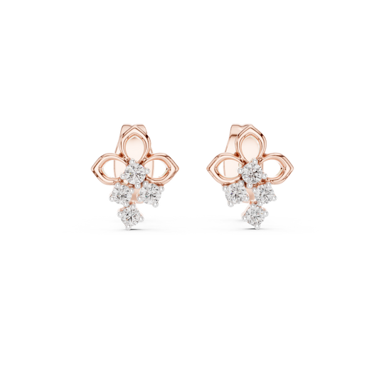 0.082 TCW Elowen Clover Moissanite Round Diamond Drop Gold Stud Earrings with Petite Floral Design