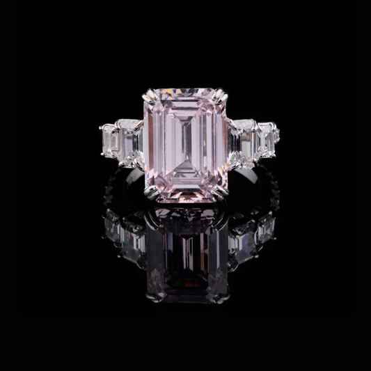 1.50 CT Emerald Cut Pink Moissanite Ring with Side Step Cut Diamond Ring For Her