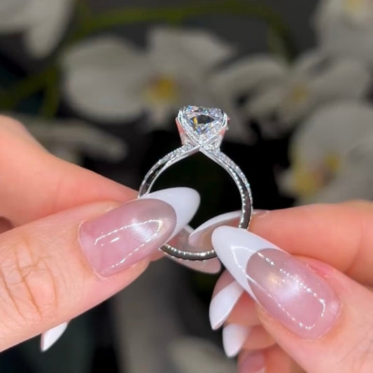 Cushion Cut Lab Diamond Four Prong Hidden Halo Pave Engagement Ring - view 4
