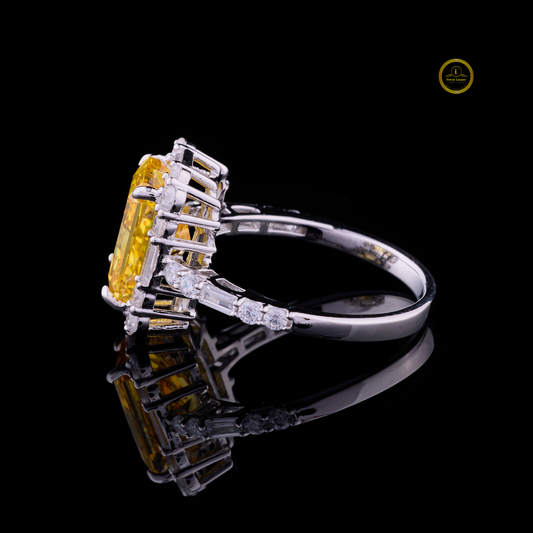 Fancy Vivid Yellow Radiant Moissanite Ring Halo Set Pave Band - view 3