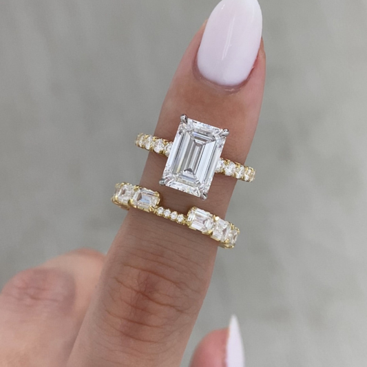 3.00 CT Refined Grace Emerald Cut Moissanite Diamond Bridal Set With Sparkling Pavé Wedding Band