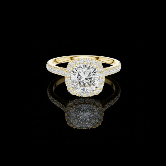 2.00 CT Glimmer Cushion Cut Halo Moissanite  Diamond Ring in Gold with Pave Band For Party