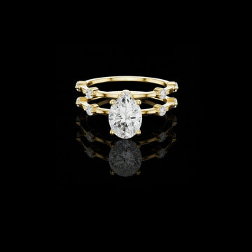 Pear Cut Double Band Moissanite Diamond Ring with Side Stone Accents