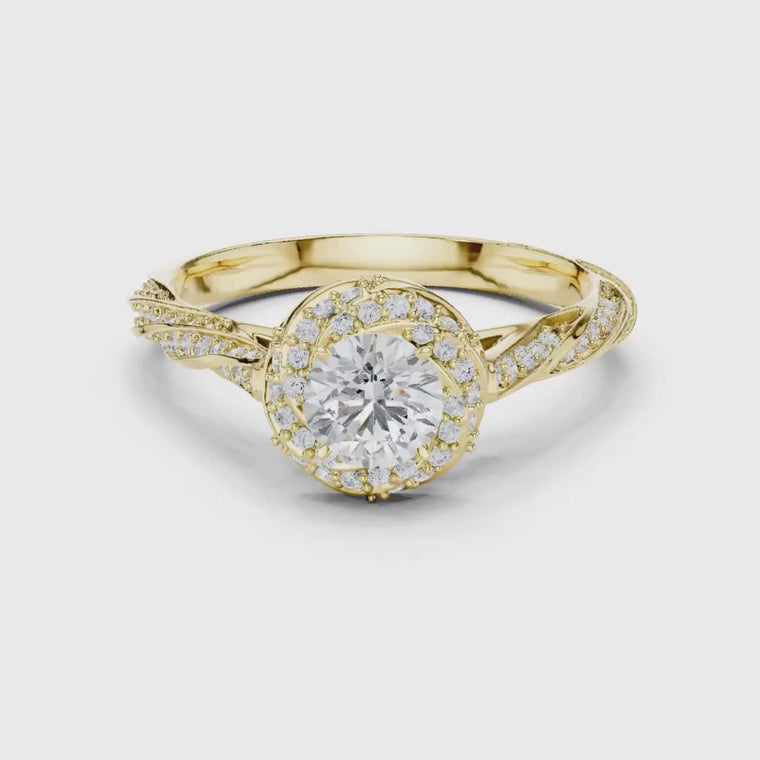 Round Cut Halo Twisted Split Shank Ring video