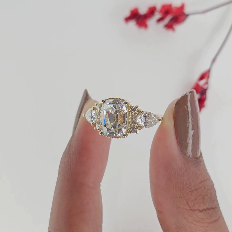 Cushion Cut Three Stone Lab Diamond Engagement Ring with Pear Side Stones video