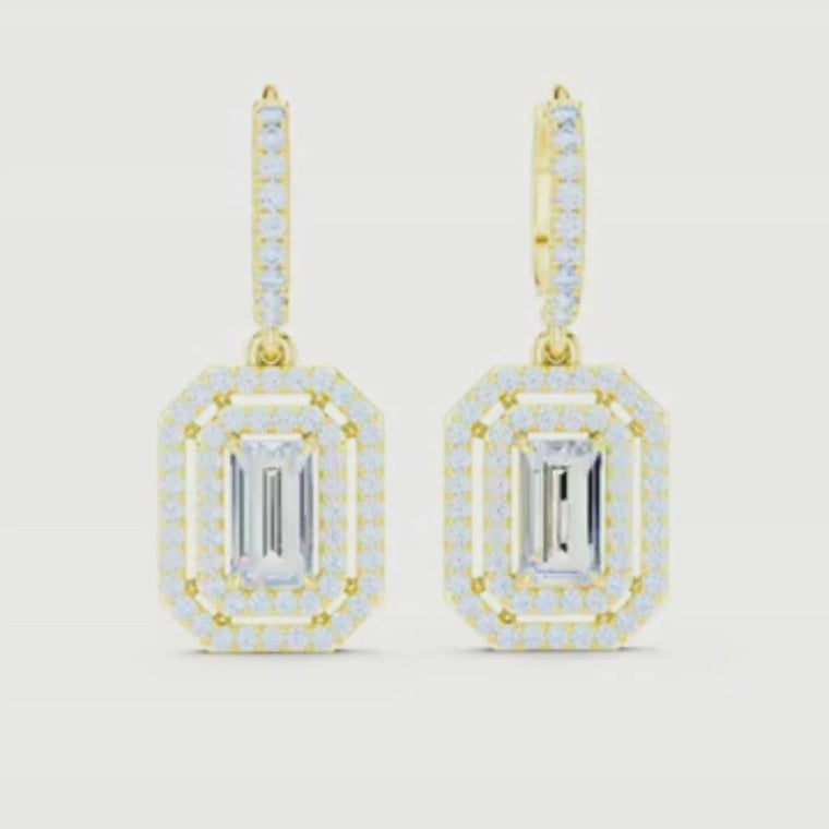 Art Deco Double Halo Emerald Cut Huggie Earrings video