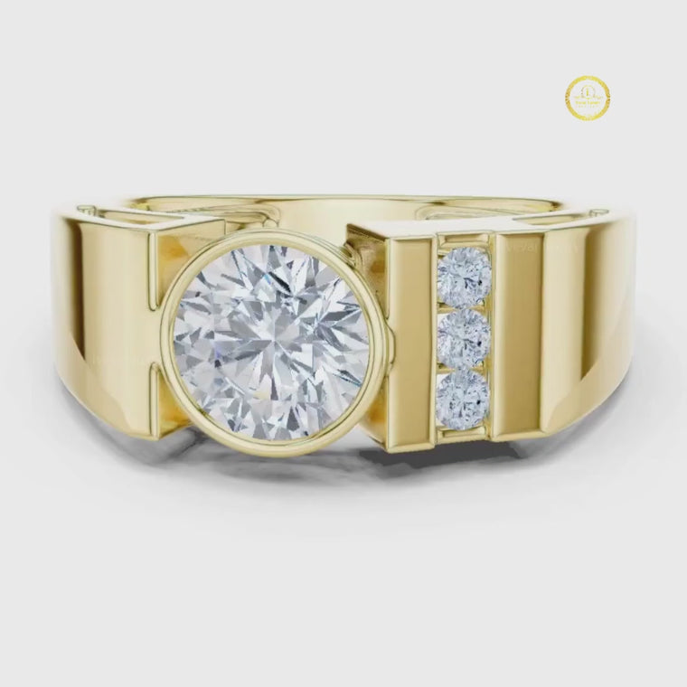 Round Cut Men's Three Stone Side Accent Wedding Ring video
