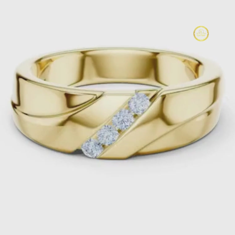 Round Cut Men's Diagonal 4 Stone Channel Gold Band video