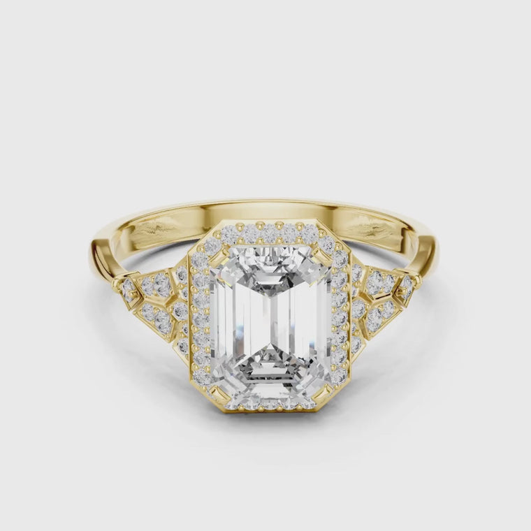 Emerald Cut Halo Engagement Ring With Filigree video