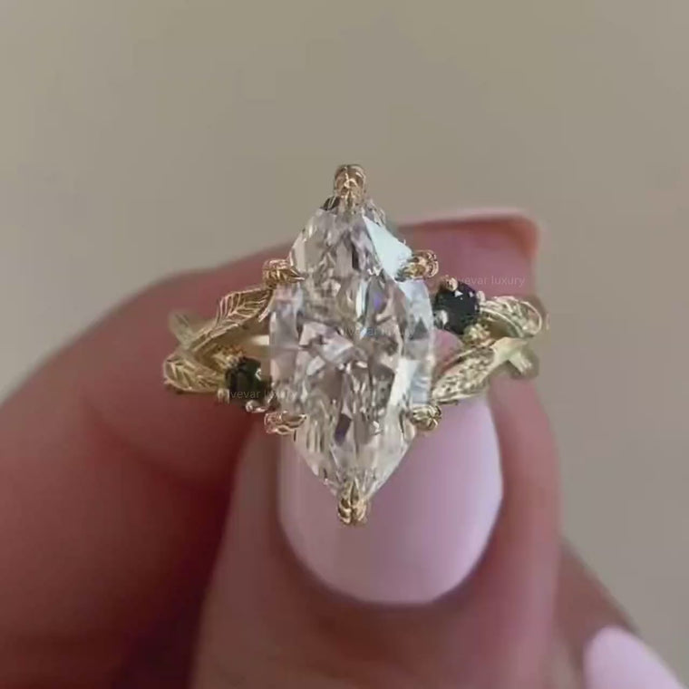 Marquise Cut Lab Diamond Leaf Vine Engagement Ring With Black Accents video