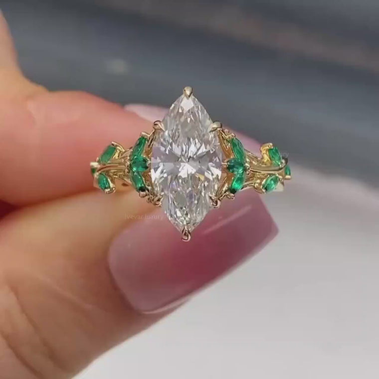 Nature Inspired Marquise Ring with Green Side Stones video