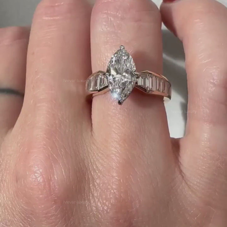 Marquise Cut Engagement Ring With Channel Set Baguette Band video