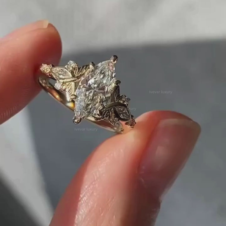 Floral Leaf Marquise Wedding Ring With Side Stones video