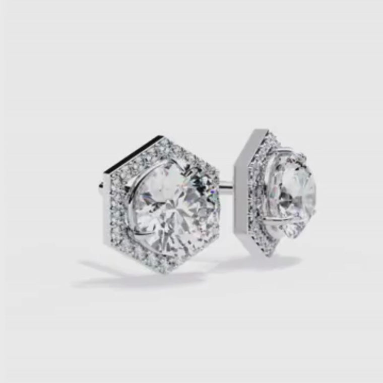 Round Cut Hexagon Halo Stud Earrings video