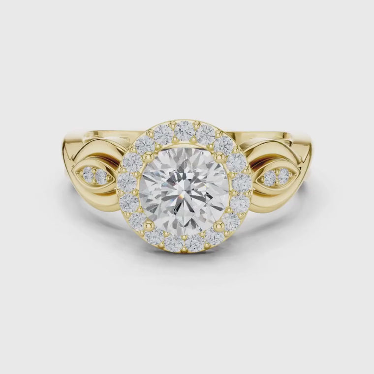 Round Cut Halo Ring with Sculpted Petal Accents video