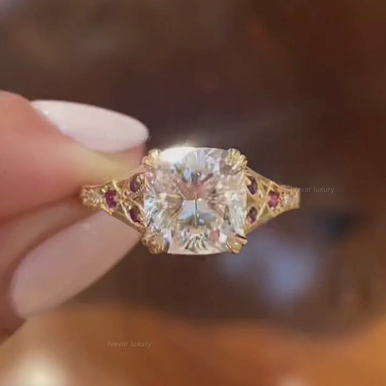 Vintage Cushion Cut Engagement Ring With Ruby Filigree Accents video