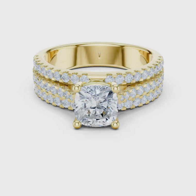 1.42 CT Cushion Cut Lab Grown Diamond Triple Row Pave Solitaire Ring video