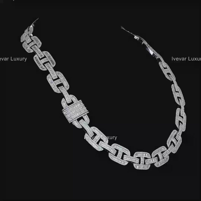 Baguette Moissanite Encrusted Mariner Link Chain Necklace with Pave Accents video