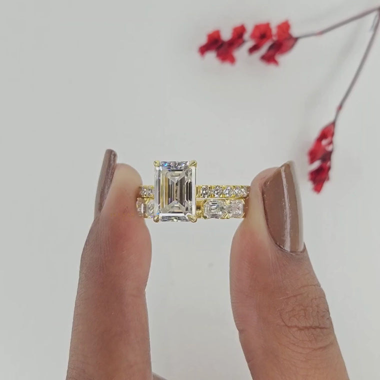 Emerald Cut Bridal Ring Set with Pave Wedding Band video