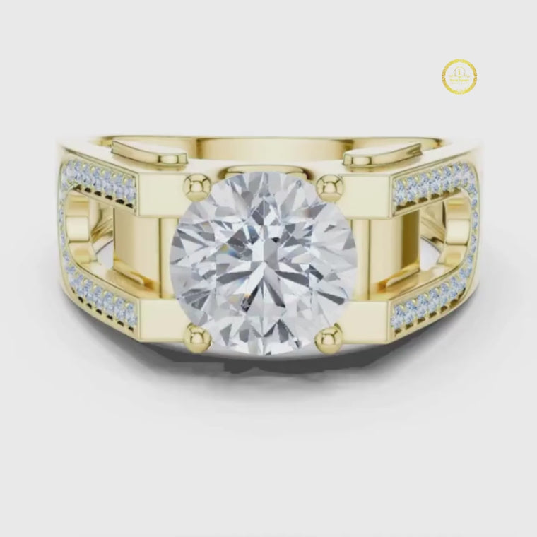 Round Cut Men's Large Solitaire Gold Signet Ring video