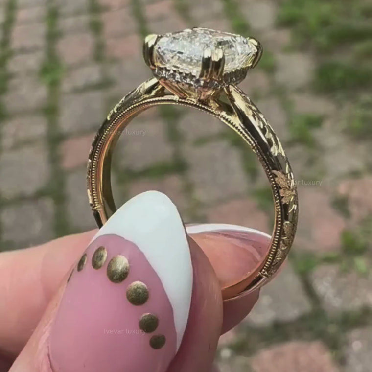 Dual Prong Emerald Cut Engagement Ring With Engraved Band video