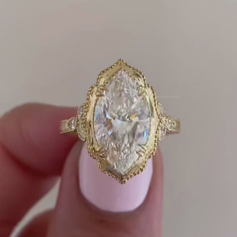 Vintage Marquise Cut Lab Diamond With Side Stone Engagement Ring video