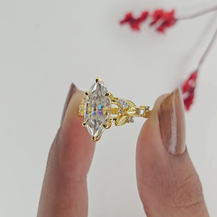 Marquise Lab Diamond Vintage Floral Engagement Ring with Nature Band video