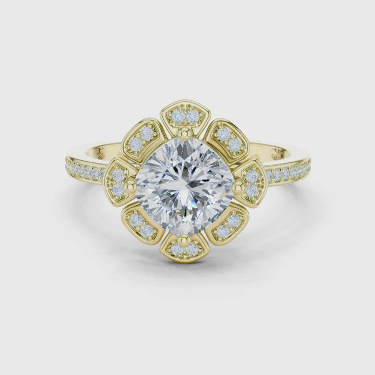 Cushion Cut Floral Flower Halo Ring video