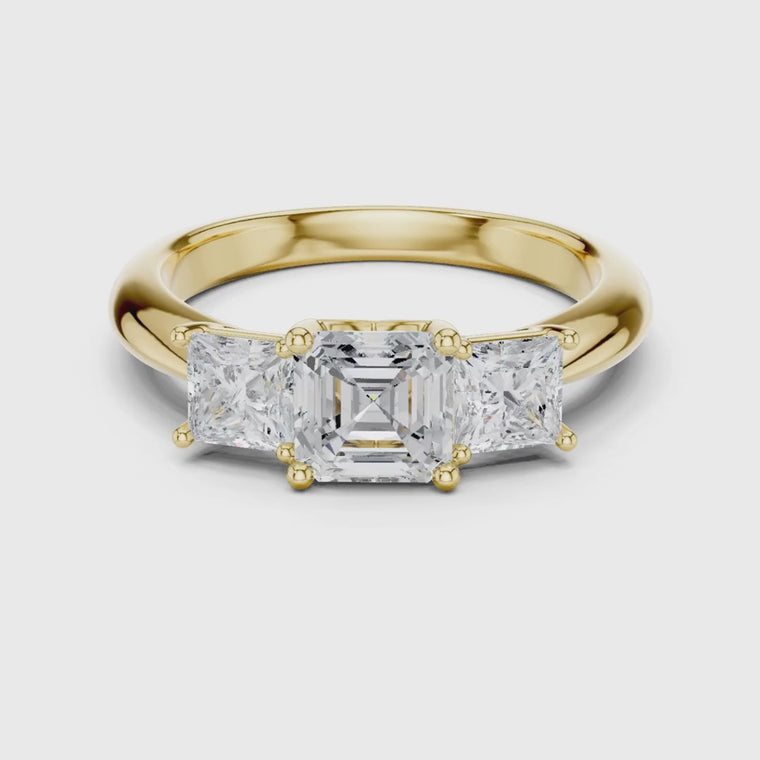 Asscher Three Stone Ring With Princess Cut Side Stones video