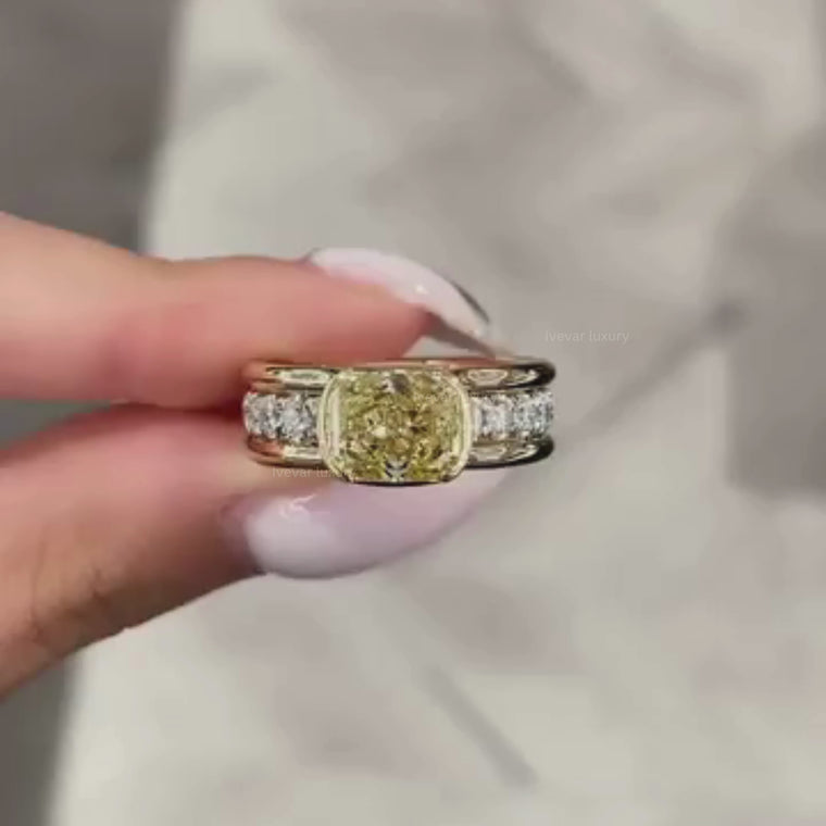 Cushion Cut Moissanite Ring with Round Side Stone Band video