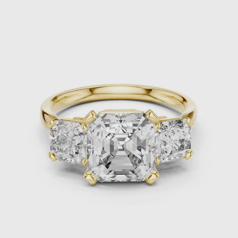Asscher Cut Lab Diamond Three Stone Engagement Ring with Radiant Side Stones video