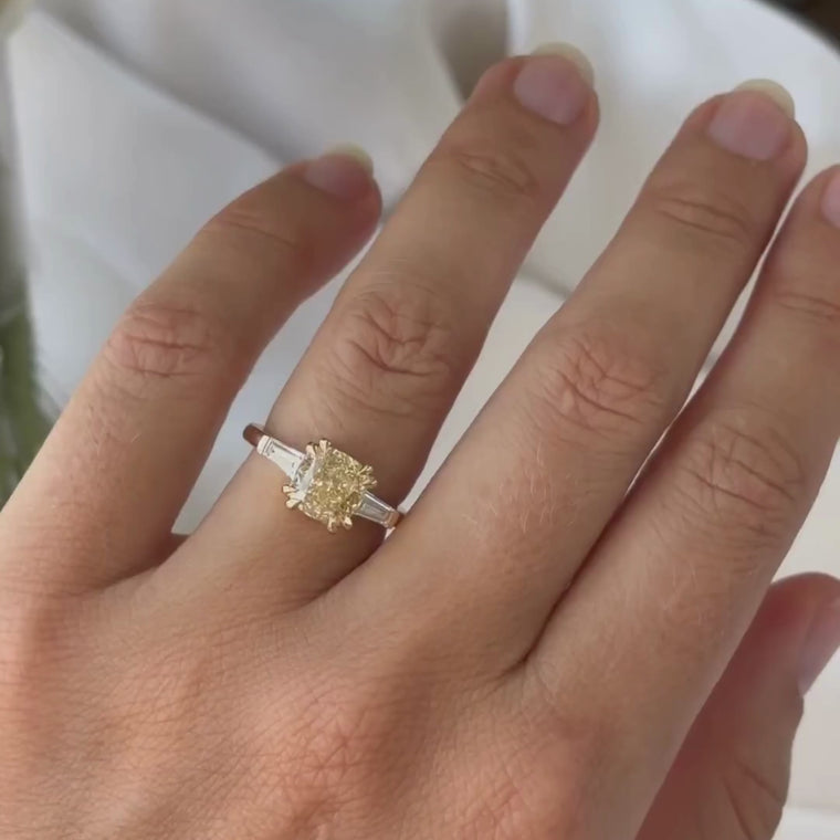 Fancy Yellow Cushion With Side Baguette Diamond Ring video
