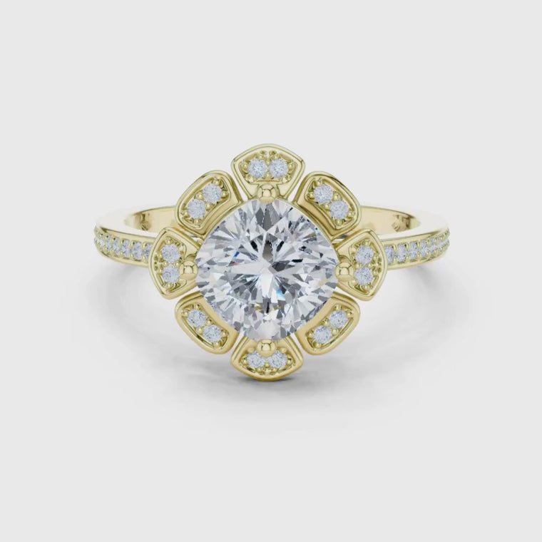 Cushion Cut Floral Flower Halo Ring video