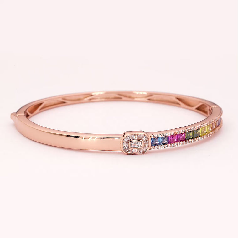 Rainbow Gemstone Channel Set Hinged Bangle Bracelet video