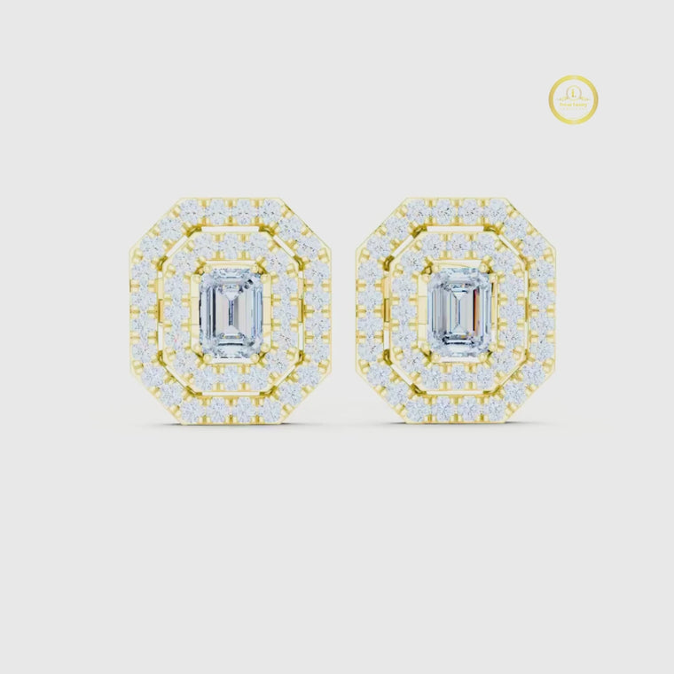 Octagonal Double Halo Emerald Cut Stud Earring video