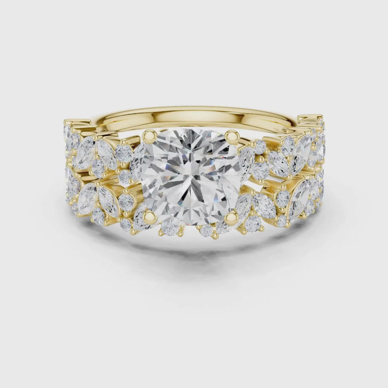 Floral Halo Cushion Cut Ring With Wedding Eternity Band video