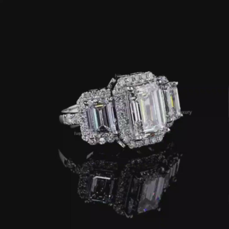 Halo Set Emerald Three Stone Ring video
