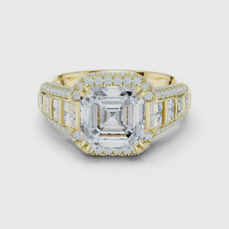 Asscher Cut Halo Lab Grown Diamond Ring with Baguette Side Stones video