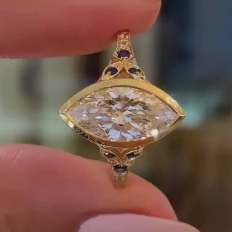 Nature Inspired Bezel Marquise Lab Diamond Vintage Engagement Ring video