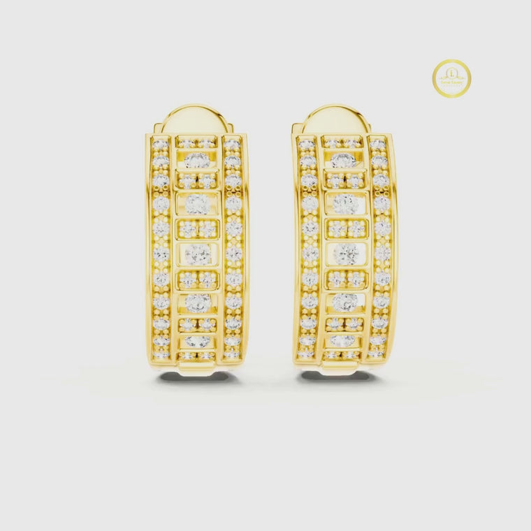 Round Geometric Grid C Hoop Earrings with Micro Pavé Rows video