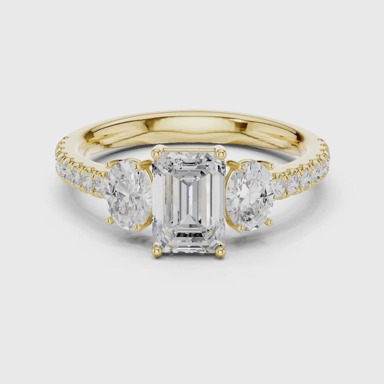 Emerald Cut Ring with Oval Side Stones & Pave Band video