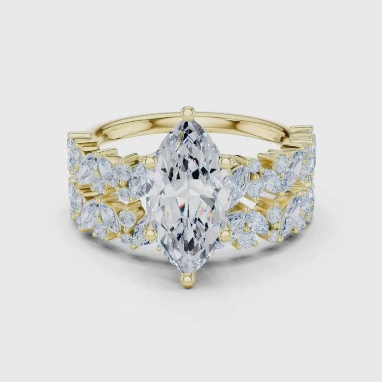 Marquise Cut Lab Diamond Ring with Wide Floral Pave Band video